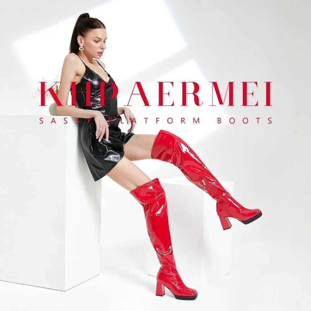 Women Red Square Toe Chunky Heels Patent Leather PU Over The Knee High Boots